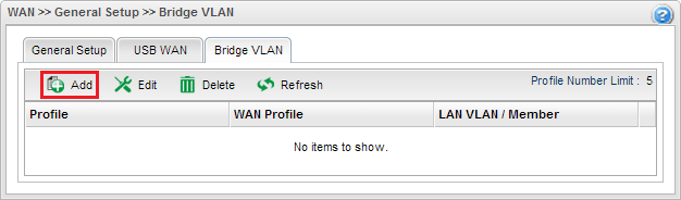 a screenshot of Vigor3900 WAN Bridge VLAN profile list